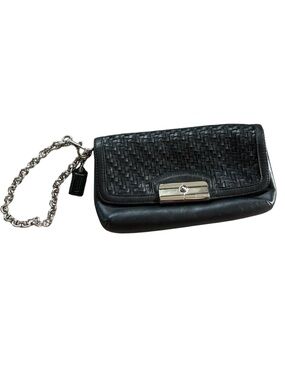 Coach Black Woven Leather Wristlet Clutch Wallet Chain Strap